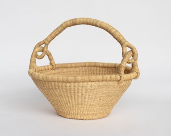 Shallow Natural Bolga Market Basket with Large Handle - Handwoven in Ghana - Storage Basket - Made In Ghana