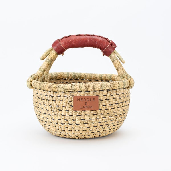 Mini Natural Bolga Basket With Black Dashes  - Handwoven in Ghana - Brown Leather Handle - Storage Market Basket 9"