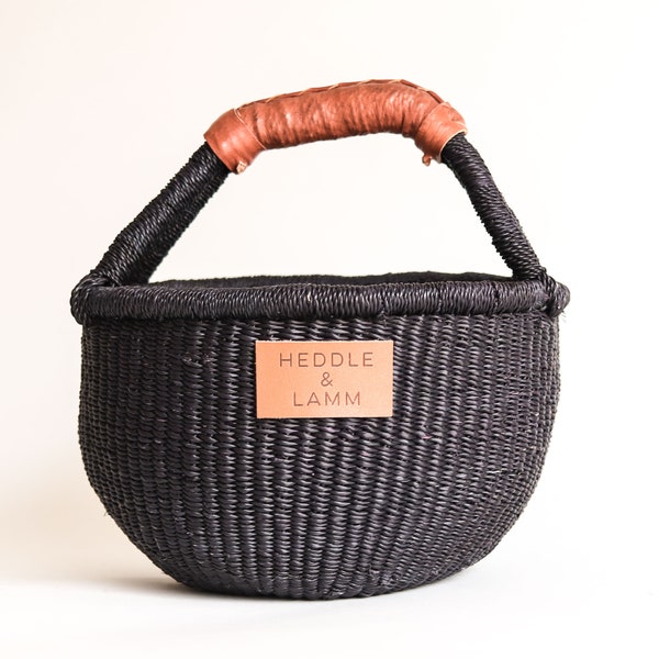 Mini Solid Dark Bolga Easter Basket  - Handwoven in Ghana - Brown Leather Handle - Storage Market Basket - Made In Ghana 9"
