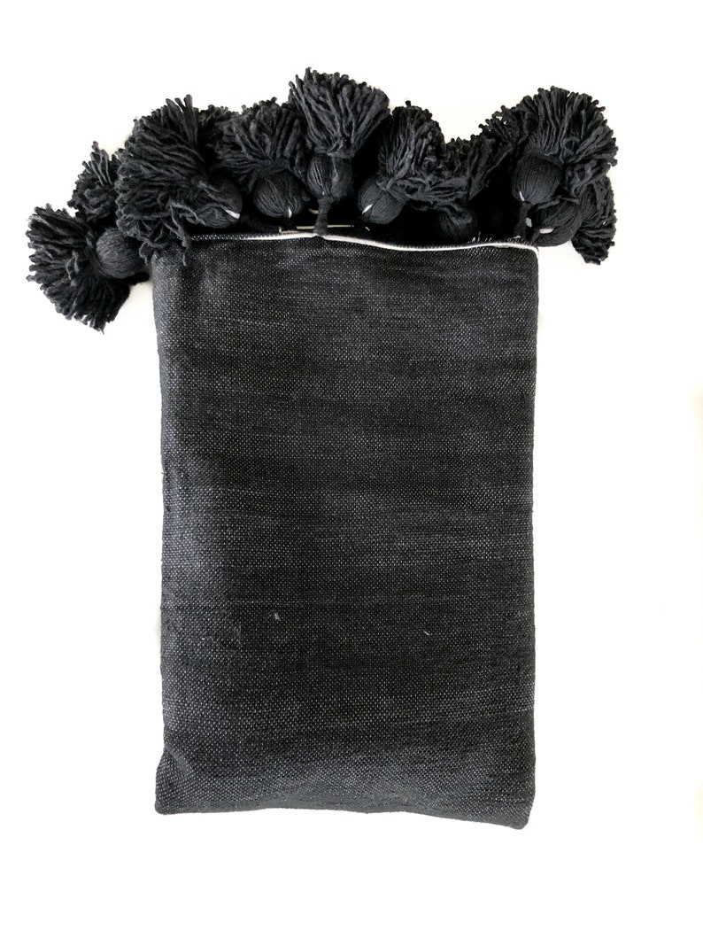 Black Blanket With Pom Poms Handwoven Cotton Moroccan Etsy