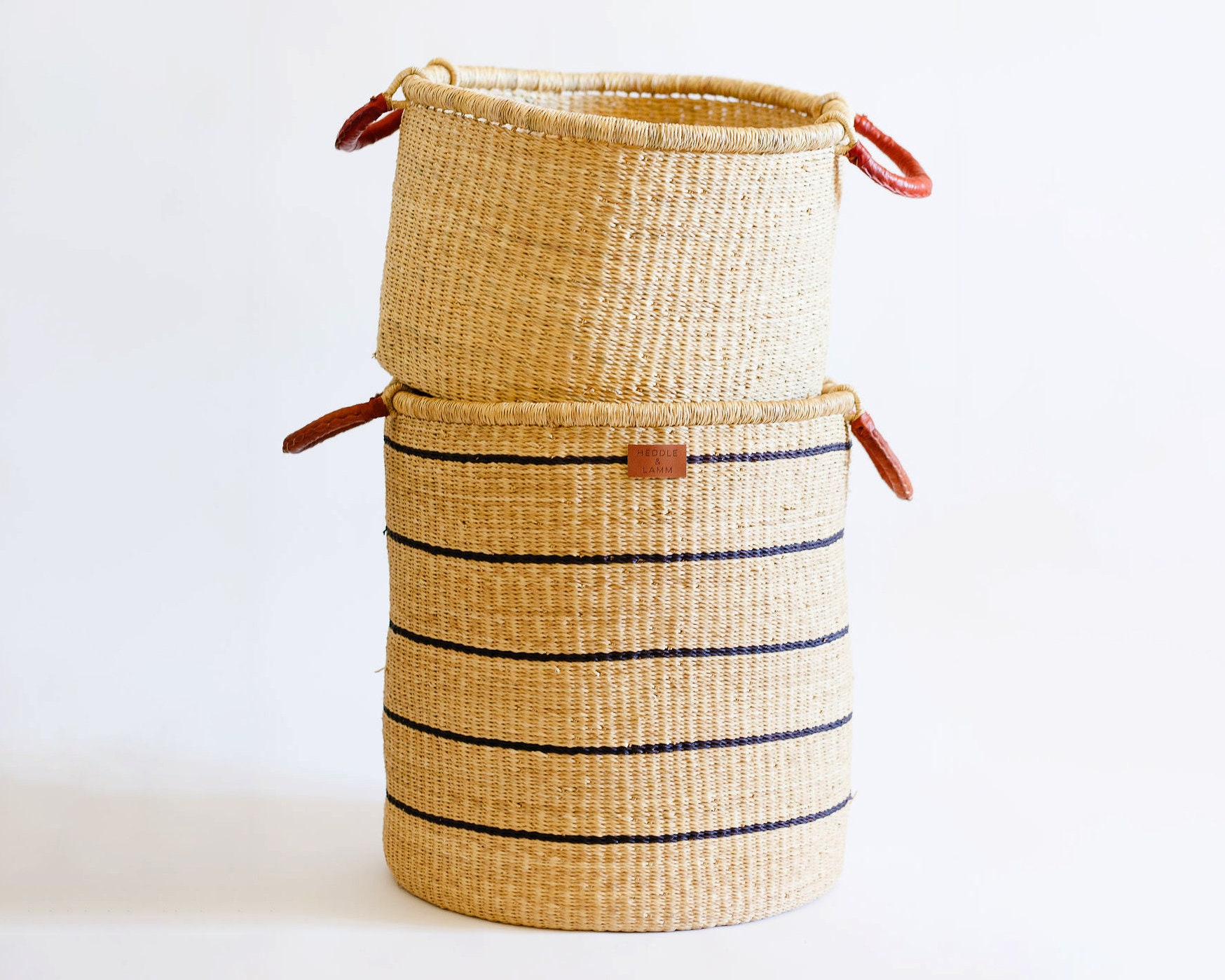 Cesta de cesta de cesto de rayas altas con asas de cuero | Etsy