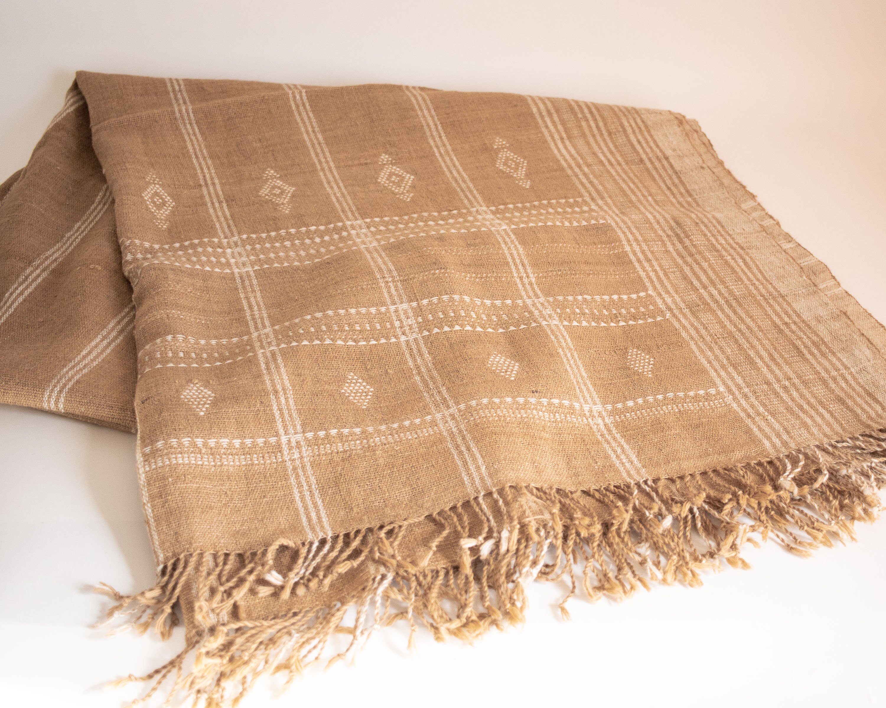 Indian Wool Bed Cover - Tan & Ivory - Kutch Desi Wool Beige