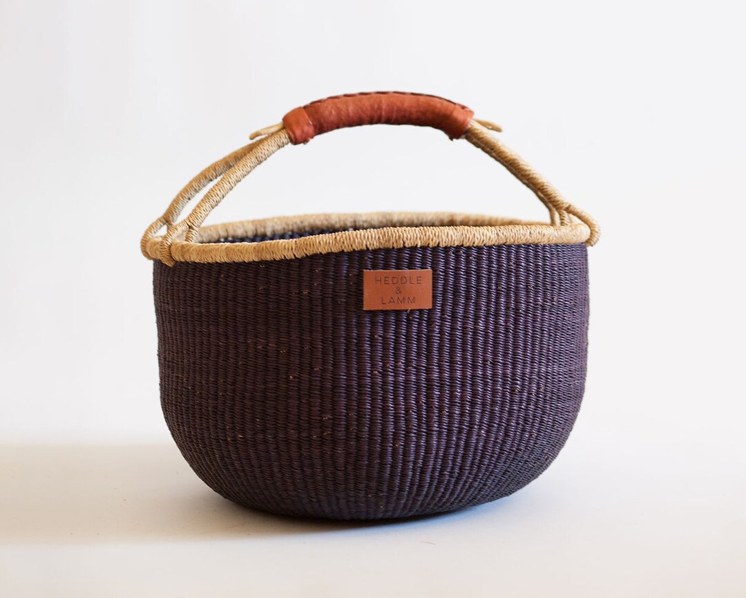Navy Bolga Market Basket With Natural Border Handwoven in Ghana Brown