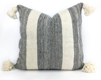 24" x 24" Striped Ivory and Black Pom Pom Euro Sham Pillow Cover - Wool - Handwoven - Handmade - Moroccan