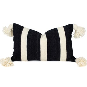 14" X 22" Striped Ivory and Black Pom Pom lumbar Pillow Cover - Wool - Handwoven - Handmade - Moroccan