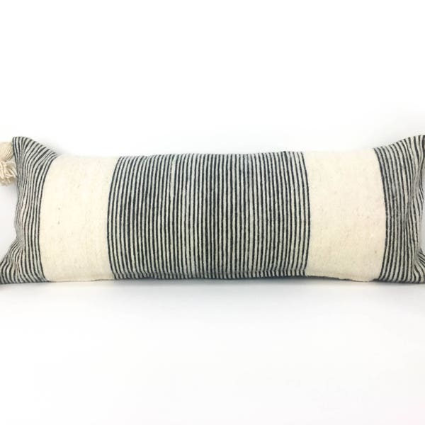 14" X 36" Striped Ivory and Black Pom Pom Long Lumbar Pillow Cover - Wool - Handwoven - Handmade - Moroccan