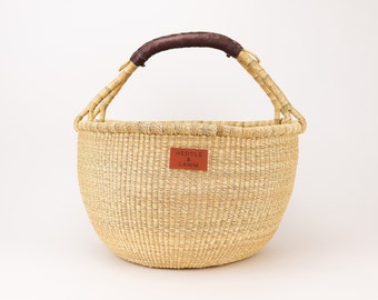 Solid Natural Bolga Market Basket  - Handwoven in Ghana - Dark Brown Leather Handle - Storage Basket - Made In Ghana