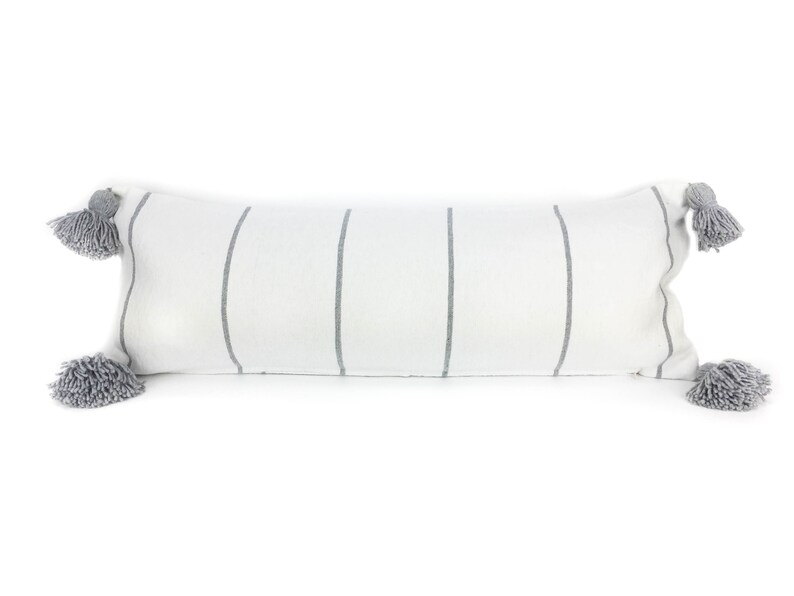 14 X 36 Grey White Stripe Pom Pom Long Lumbar Etsy