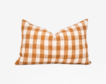 Small Lumbar Designer Check Rust & Ivory Handwoven Pillow, Burnt Orange and White Pillow Cover, Decorative Pillow, Checkered Pillow Cover