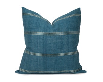 Priya - Blue Indian Wool Pillow Cover - 24" - Indigo Stripe Euro Sham