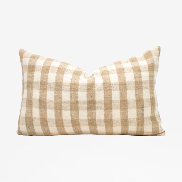 Small Lumbar Designer Check Tan & Ivory Handwoven Pillow, Beige and White Pillow Cover, Decorative Throw Pillow, Checkered Pillow Cover