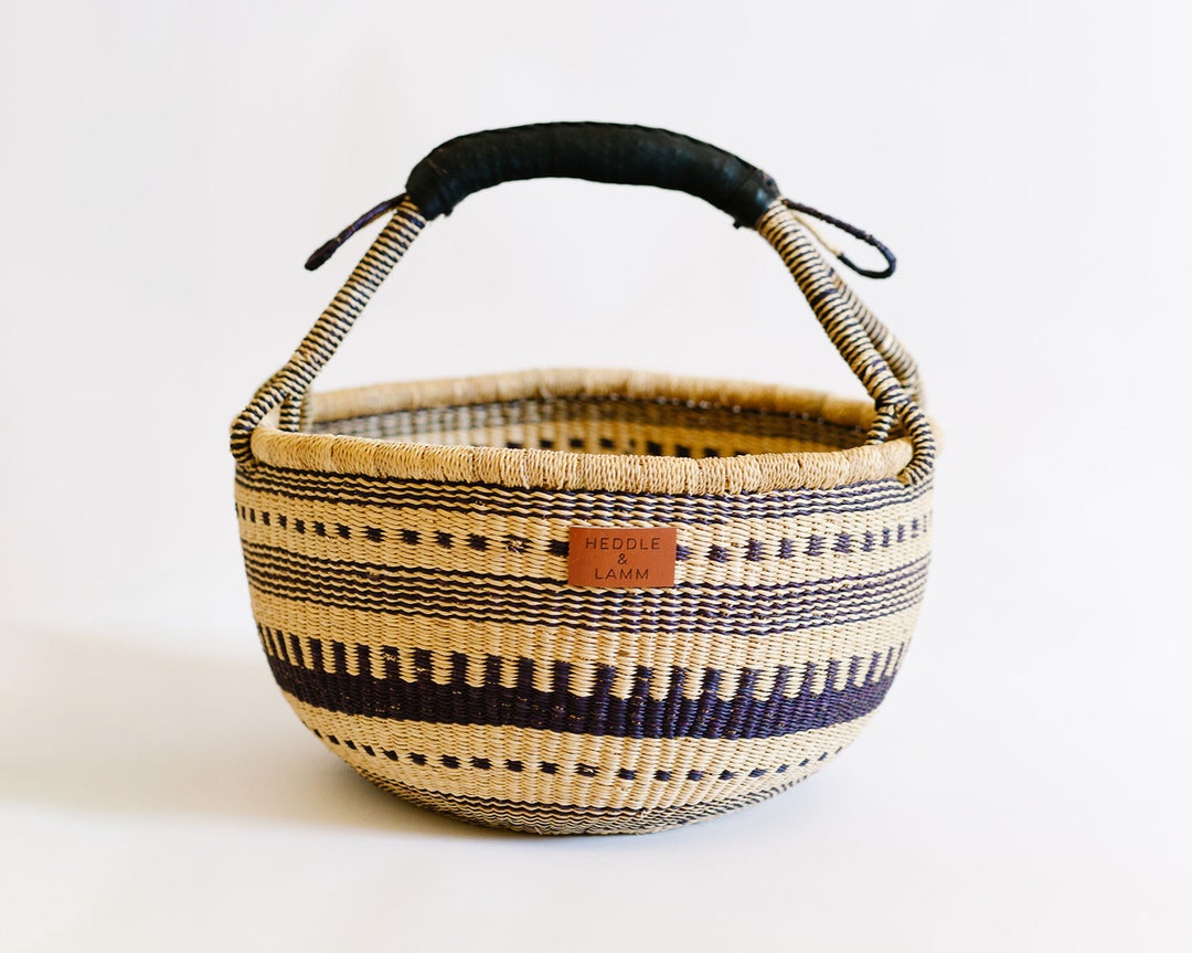 Natural Bolga Market Basket Black Pattern Handwoven in Ghana Brown