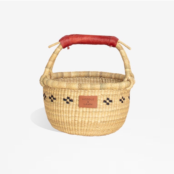 Patterned Mini Bolga Market Basket 9" - Handwoven in Ghana - Red Brown Leather Handle - Storage Basket - Made In Ghana