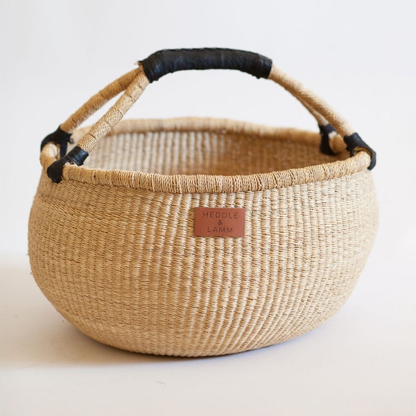 Solid Natural Bolga Market Basket  - Handwoven in Ghana - Black Leather Handle - Large Storage Basket - Made In Ghana