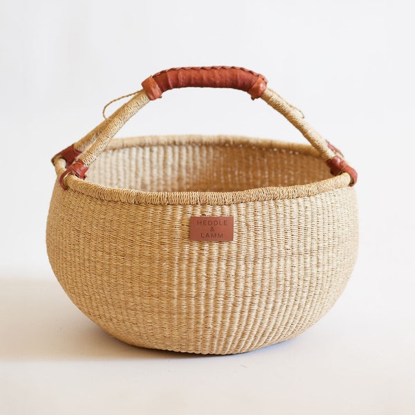 Solid Natural Bolga Market Basket  - Handwoven in Ghana - Brown Leather Handle - Storage Basket - Made In Ghana