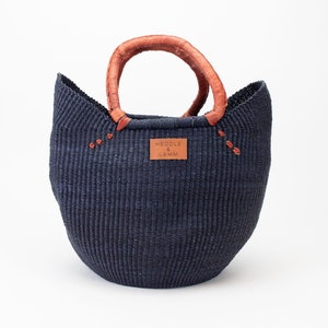 Solid Weave Navy Bolga Shopper Basket  - Handwoven in Ghana - Brown Leather Handle - Market Basket Tote - Made In Ghana