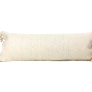 14" x 36" Ivory Wool Pom Pom Long Lumbar Pillow Cover - Handwoven - Handmade - Moroccan - Ivory Textured x long Bed Pillow