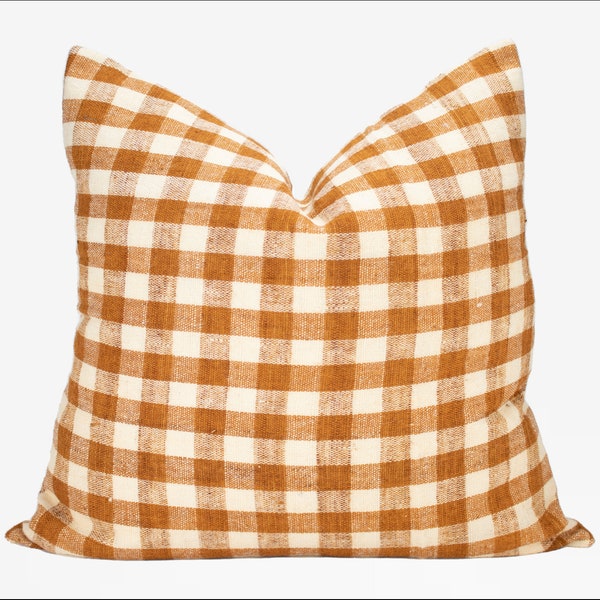 20" Square Designer Check Rust & Ivory Handwoven Pillow, Burnt Orange and White Pillow Cover, Decorative Pillow, Checkered Pillow Cover