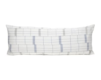 36 x 14  White, Gray and Blue Long Lumbar Pillow Cover - Vintage African Mud Cloth - Grid Pattern