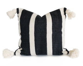 20" x 20" Striped Ivory and Black Pom Pom Pillow Cover - Wool - Handwoven - Handmade - Moroccan