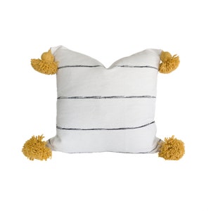 20" Ivory & Black Stripe Lumbar Pillow Cover With Yellow Pom Poms - Handwoven - Handmade - Moroccan - Cotton