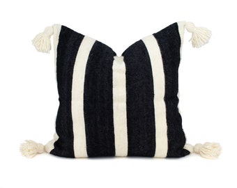 24" x 24" Striped Ivory and Black Pom Pom Euro Sham Pillow Cover - Wool - Handwoven - Handmade - Moroccan