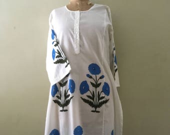 Handprinted cotton kurta womens long knee length shirt dress blue flowers button woodblock