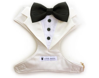 Ivory and Black Bow Tie Tuxedo Dog Harness