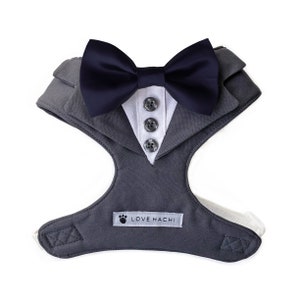 Charcoal Grey and Navy Bow Tie Tuxedo Dog Harness