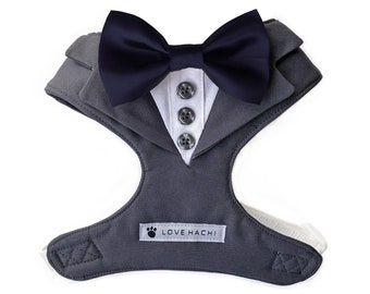 Pettorina per cani con papillon grigio antracite e blu navy