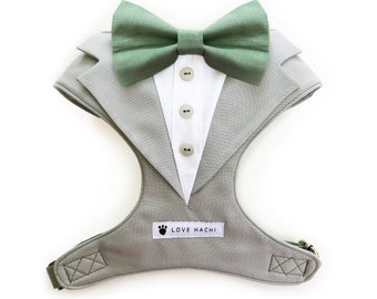 May include: A gray dog harness designed to resemble a tuxedo. It features a green bow tie, white shirt front, and three buttons. The harness includes the text "LOVE HACHI" on a white label.