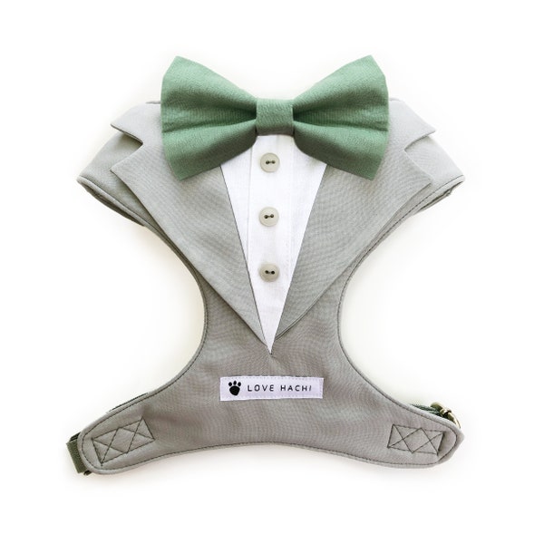 Light Grey and Sage Green Bow Tie Tuxedo Dog Harness