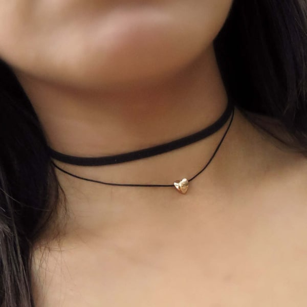 Black Heart choker, Dainty Choker Necklace, Double Suede Choker, Mother's Day Gift, Black Layered Choker, Minimalist Choker, Women Necklace