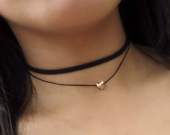 Black Heart choker, Dainty Choker Necklace, Double Suede Choker, Mother's Day Gift, Black Layered Choker, Minimalist Choker, Women Necklace