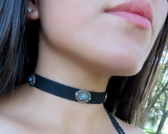 Choker Halskette, Wildleder Choker Halskette, Boho Halsband, Mode trendige Schmuck, Wildleder Choker, Schwarz Türkis Choker, Weihnachtsgeschenk