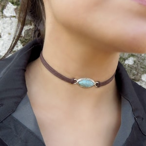 Choker Necklace, Suede Choker Necklace, Bohemian Turquoise Necklace, Native American Jewelry, Minimalist Leather Choker, Boho Jewelry image 4