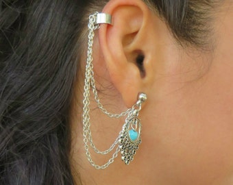 Silver Ear Cuff Earring, Turquoise Bohemian Cuff Earring, Ear Cuffs, Ethnic Boho Ear Cuff Earring, Stud Ear Cuff Earring, Bohemian Jewelry