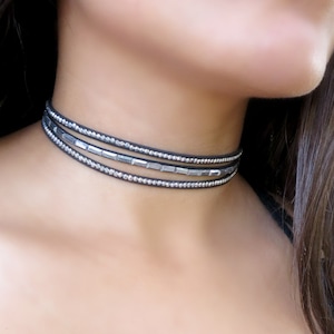 Silver Choker, Suede Leather Choker, Layered Choker, Choker Necklace, Fashion Fancy Choker, Triple Choker, Delicate Choker, Trendy Jewelry