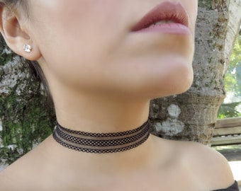 Black Layered Choker, Black Choker Necklace, Patterned Lace Choker, Elastic Choker Necklace, Tattoo Choker, Thick Choker, Trendy Jewelry