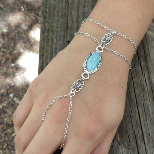 Bohemian Hand Chain, Slave Bracelet, Boho Hand Piece, Turquoises Chain Bracelet, Silver Finger Bracelet, Gypsy Jewelry, Festival Handlet