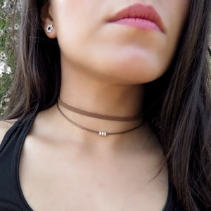 Double Wrap Choker, Brown Choker Necklace, Silver Bead Dainty Choker, Double layer Choker, Leather Choker,Delicate Double Layering Choker image 4