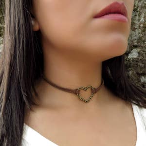 Heart Choker, Brown Choker, Dainty Boho Choker, Heart Necklace, Suede Leather Choker, Double Layering Choker, Choker Necklace, Gift For Her