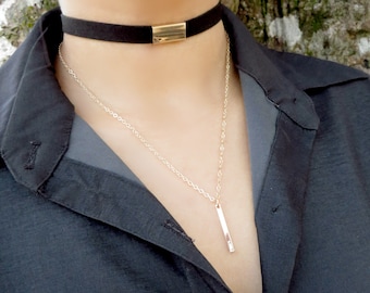 Black Choker, Choker Necklace, Gold Bar Choker, Suede Double Layering Choker, Layered  Choker Necklace, Fashion Jewelry, Dainty Choker layer