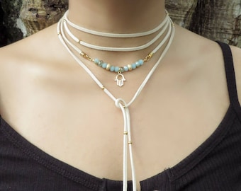 Hamsa Necklace, Wrap Choker Necklace, Delicate Necklace, Gold Wrap Necklace, Minimalist Wrap Choker, Suede Choker, Boho Tie Up Necklace