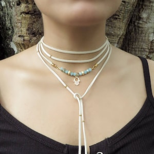 Hamsa Necklace, Wrap Choker Necklace, Delicate Necklace, Gold Wrap Necklace, Minimalist Wrap Choker, Suede Choker, Boho Tie Up Necklace