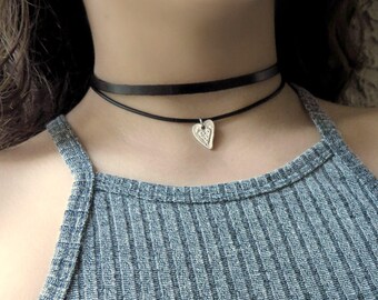 Black Heart Choker, Leather Choker, Heart Choker Necklace, Double Wrap Choker, Layering  Black Choker, Silver Heart Choker, Wrap Necklace