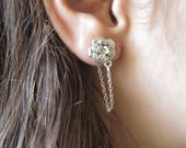 Silver Chain Earrings, Flower Ear Jacket Earring, Minimalist Stud Earring, Jacket Earrings, Silver Stud Earring, Ear Studs, Women Jewelry