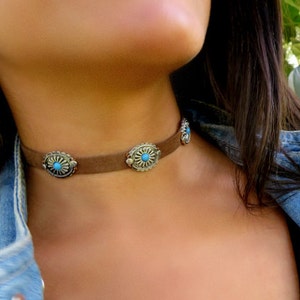 Choker Necklace, Suede Choker Necklace, Bohemian Choker, Fashion Trendy Jewelry, Suede Choker, Brown Turquoise Choker, Christmas Gift image 4