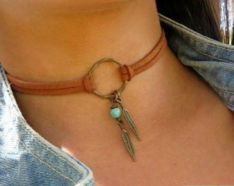 Choker Necklace, Suede Choker Necklace, Bohemian Feather Necklace, Native American Style Jewelry, Ring Choker, Leather Choker, Boho Jewelry