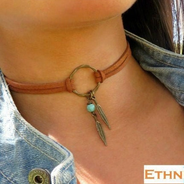 Choker Necklace, Suede Choker Necklace, Bohemian Feather Necklace, Native American Style Jewelry, Ring Choker, Leather Choker, Boho Jewelry